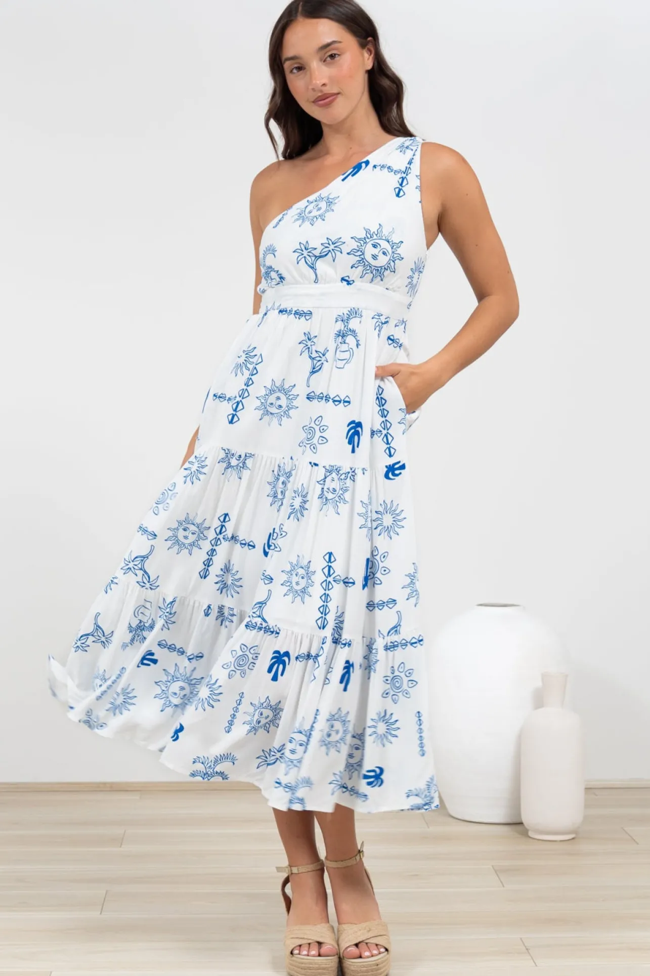 Solara Midi Dress - One Shoulder A-Line Midi Dress in Jorah Print>Salty Crush Discount