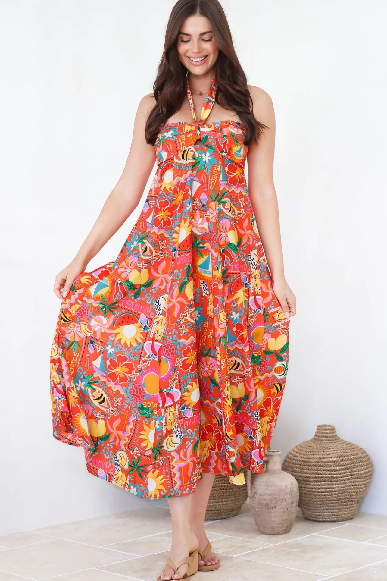 Solie Midi Dress - Halter Neck Dress with Elasticated Back in Pina Colada Print>Salty Crush Hot