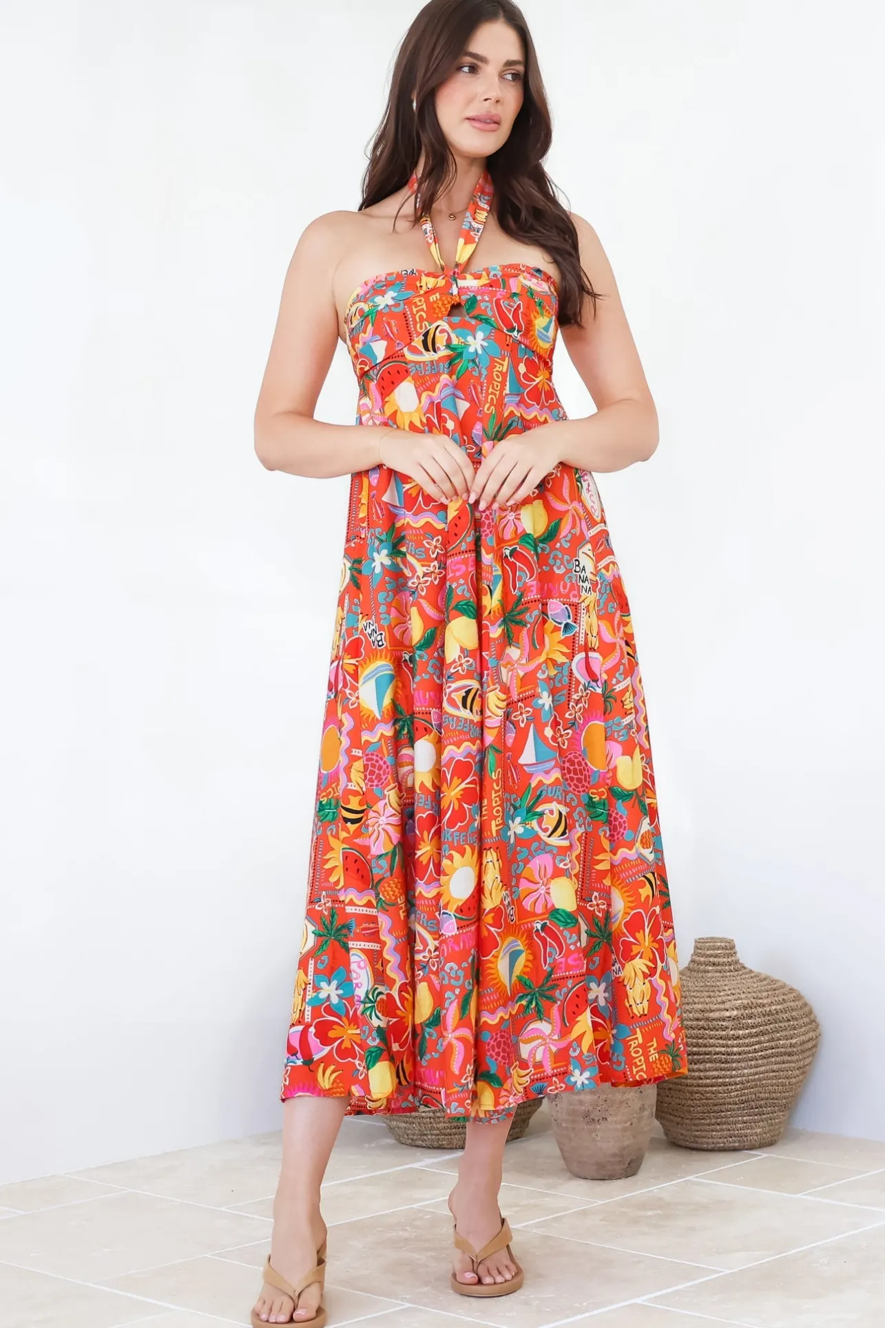Solie Midi Dress - Halter Neck Dress with Elasticated Back in Pina Colada Print>Salty Crush Hot