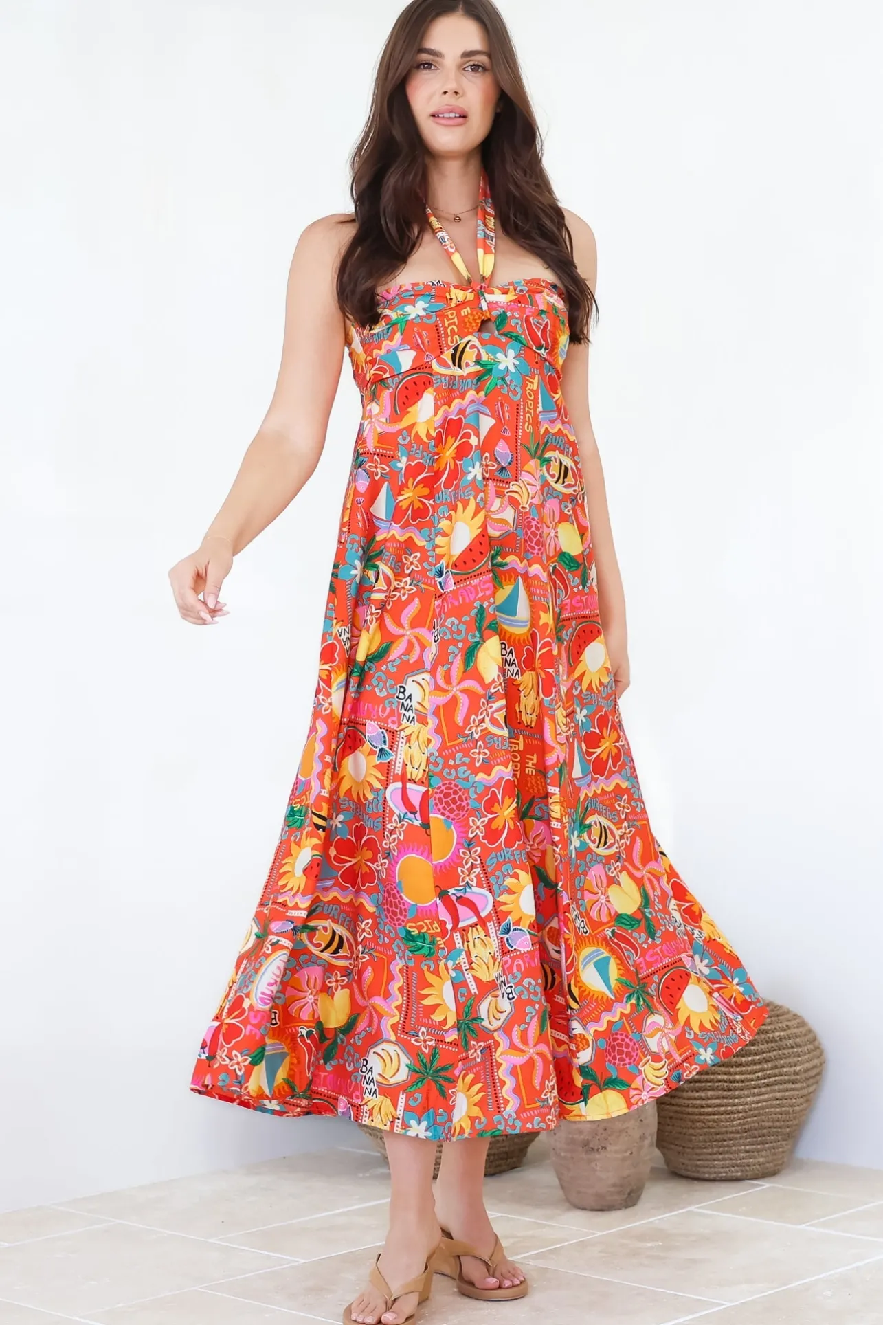 Solie Midi Dress - Halter Neck Dress with Elasticated Back in Pina Colada Print>Salty Crush Hot