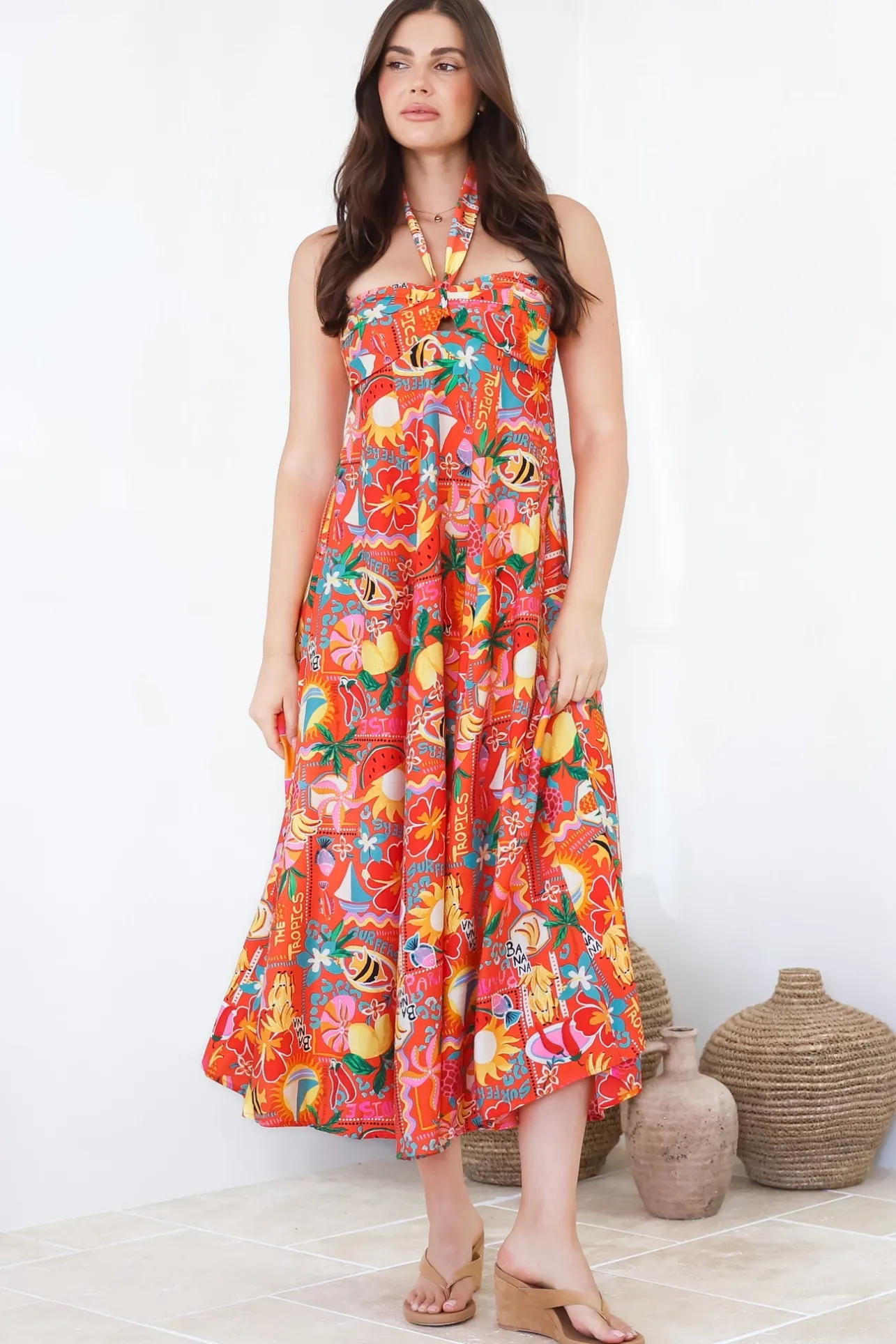 Solie Midi Dress - Halter Neck Dress with Elasticated Back in Pina Colada Print>Salty Crush Hot