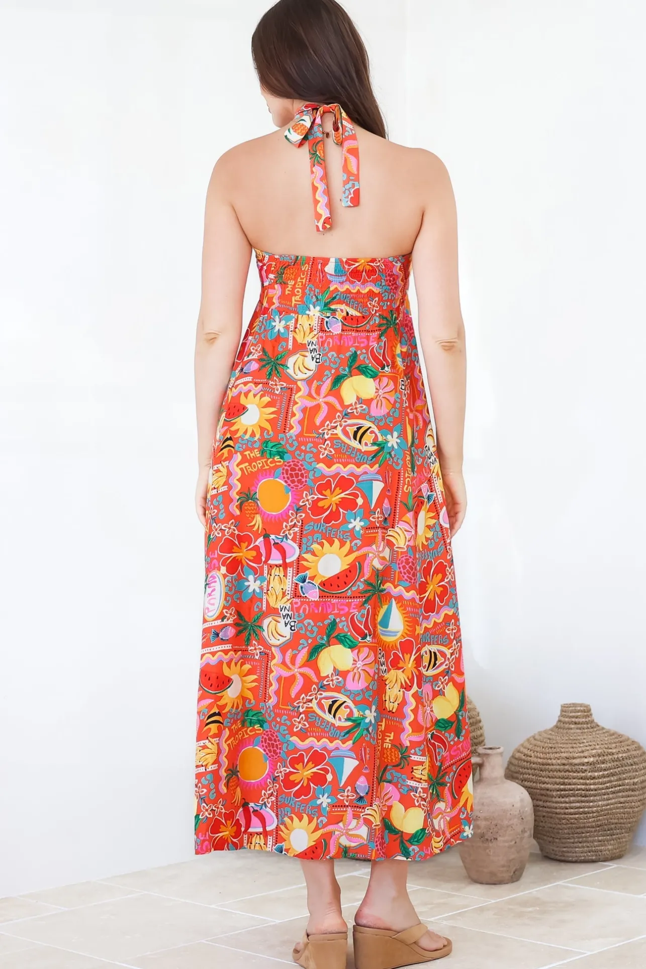 Solie Midi Dress - Halter Neck Dress with Elasticated Back in Pina Colada Print>Salty Crush Hot
