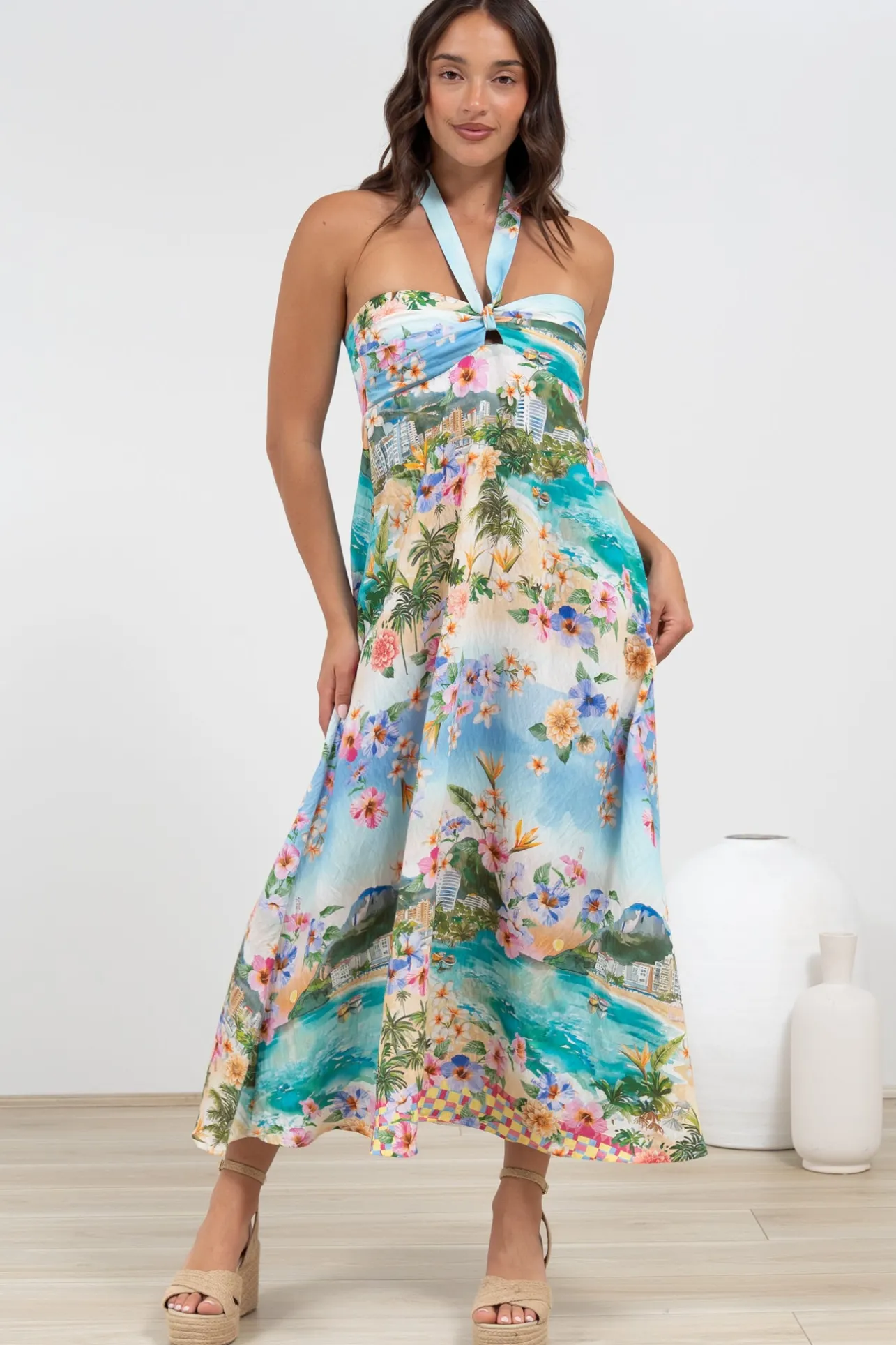 Solie Midi Dress - Halter Neck Dress with Elasticated Back in Della Print>Salty Crush Clearance