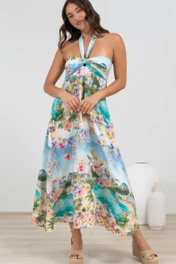 Solie Midi Dress - Halter Neck Dress with Elasticated Back in Della Print><noscript><img width=
