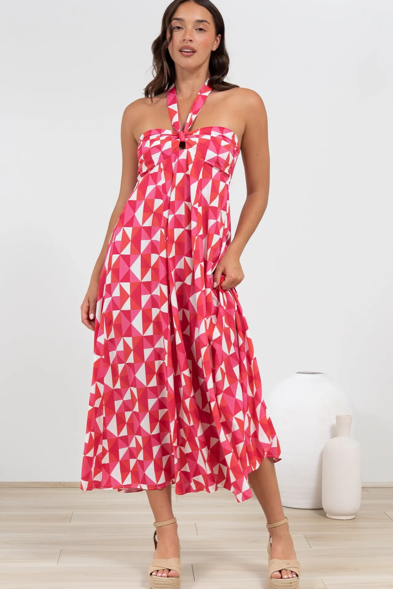 Solie Midi Dress - Halter Neck Dress with Elasticated Back in Lynne Print>Salty Crush New