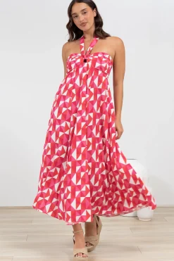 Solie Midi Dress - Halter Neck Dress with Elasticated Back in Lynne Print>Salty Crush New