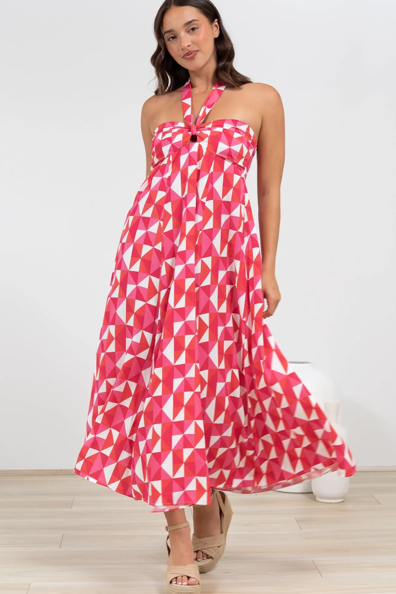 Solie Midi Dress - Halter Neck Dress with Elasticated Back in Lynne Print>Salty Crush New