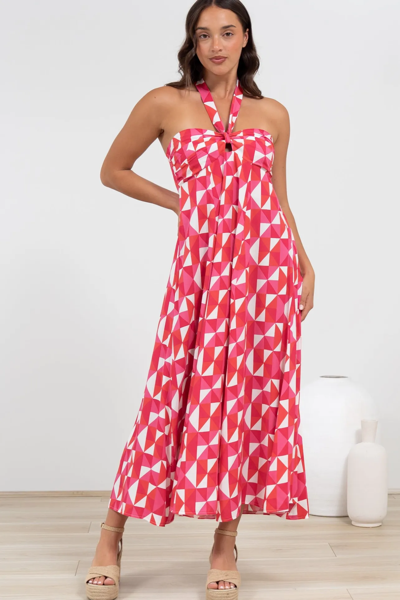 Solie Midi Dress - Halter Neck Dress with Elasticated Back in Lynne Print>Salty Crush New