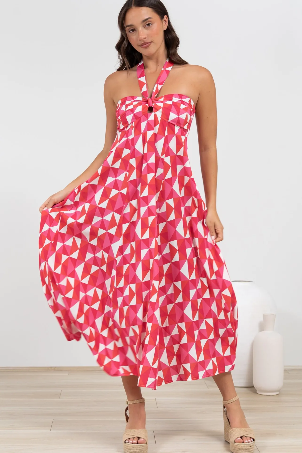 Solie Midi Dress - Halter Neck Dress with Elasticated Back in Lynne Print>Salty Crush New