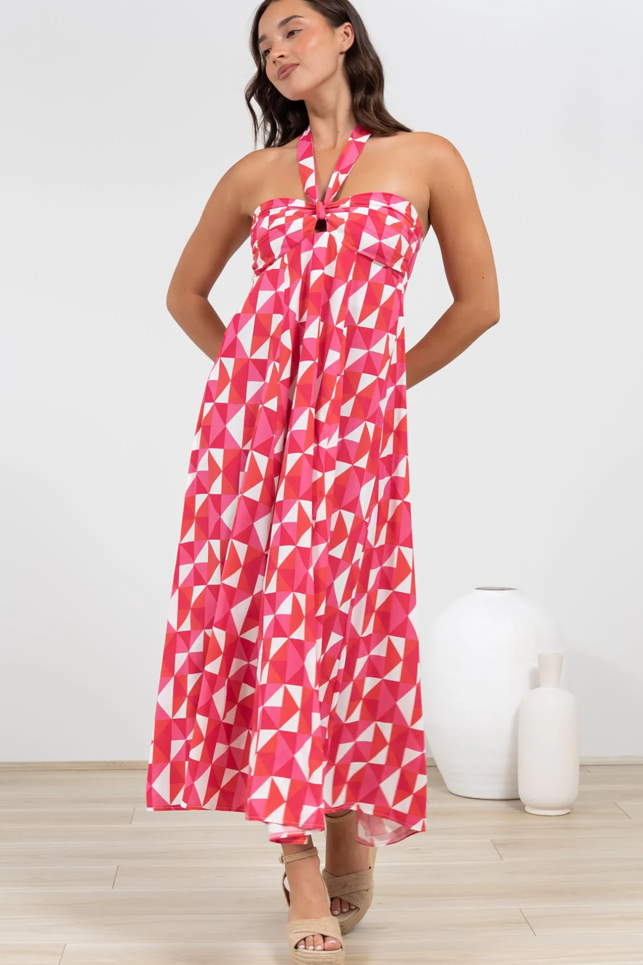 Solie Midi Dress - Halter Neck Dress with Elasticated Back in Lynne Print>Salty Crush New