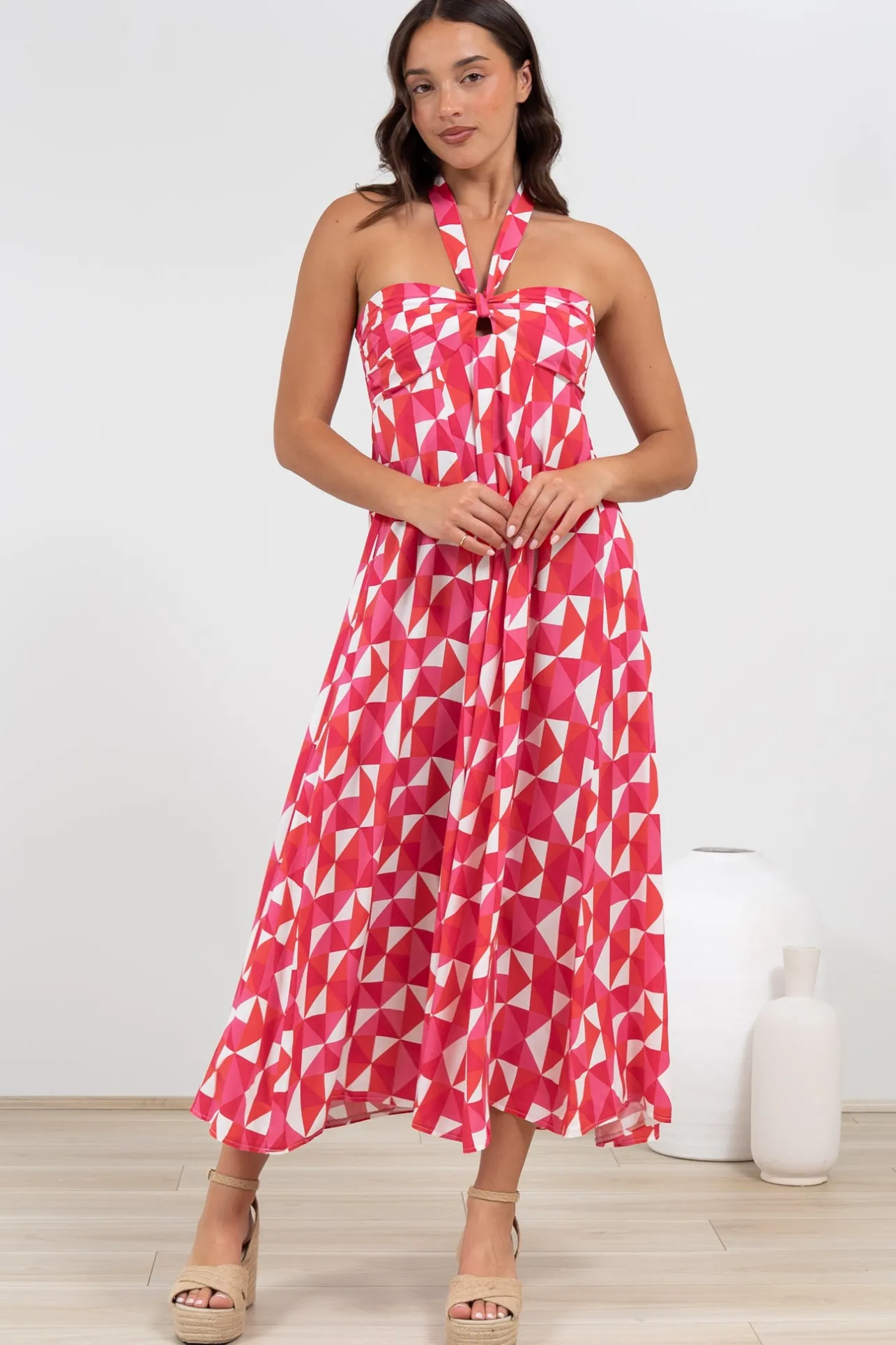 Solie Midi Dress - Halter Neck Dress with Elasticated Back in Lynne Print>Salty Crush New