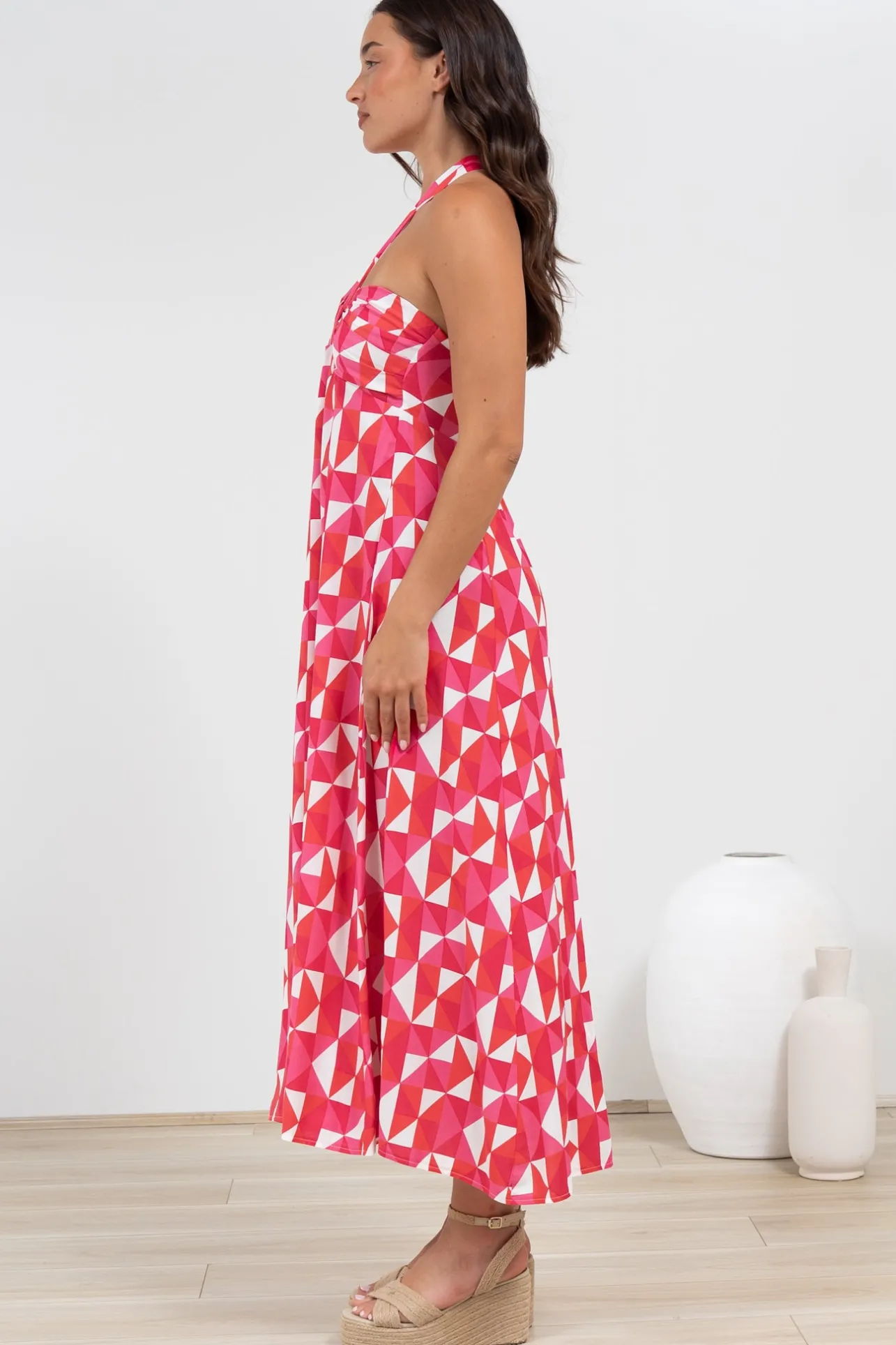 Solie Midi Dress - Halter Neck Dress with Elasticated Back in Lynne Print>Salty Crush New