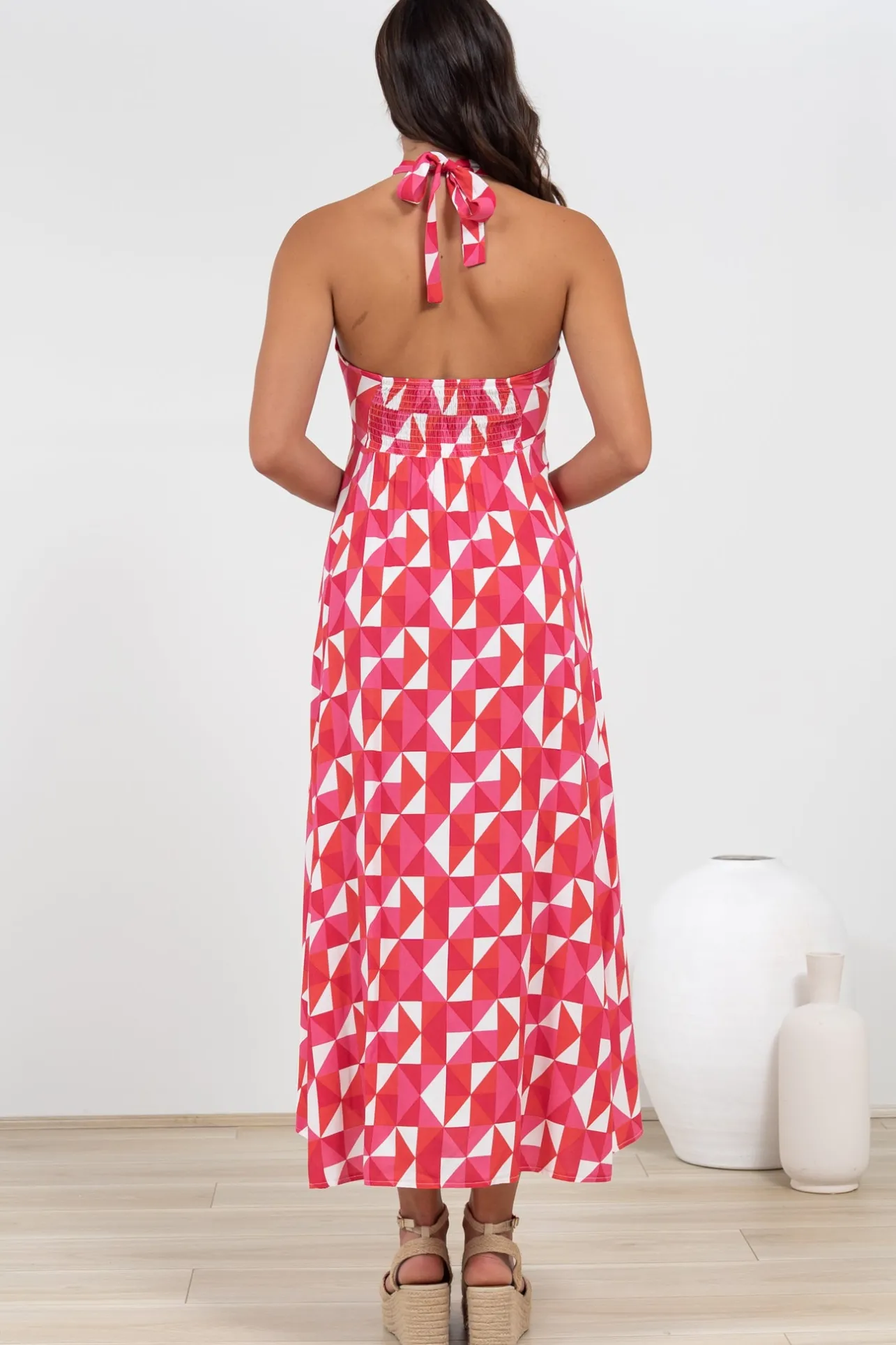 Solie Midi Dress - Halter Neck Dress with Elasticated Back in Lynne Print>Salty Crush New