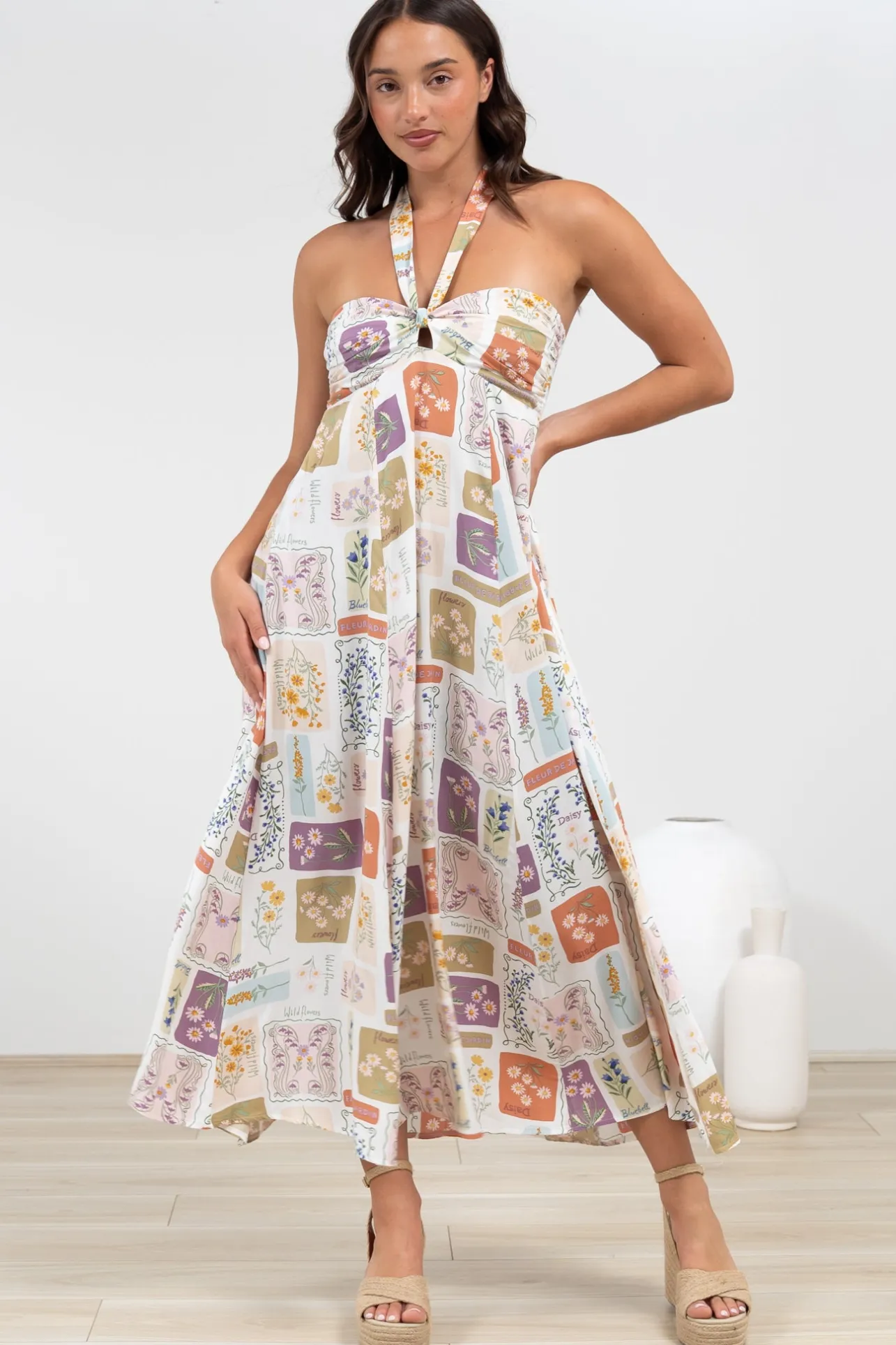 Solie Midi Dress - Halter Neck Dress with Elasticated Back in Reina Print>Salty Crush Online