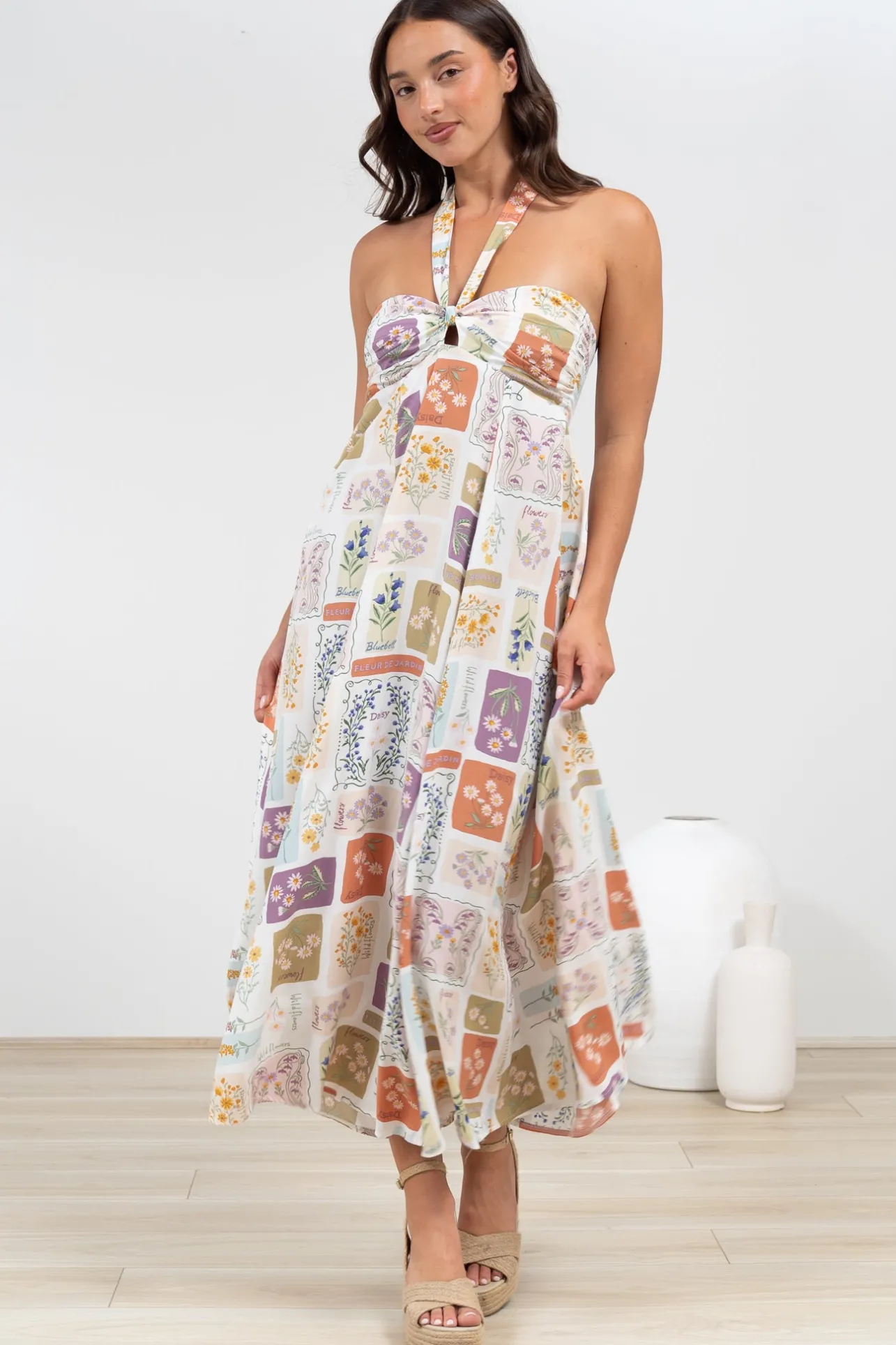 Solie Midi Dress - Halter Neck Dress with Elasticated Back in Reina Print>Salty Crush Online