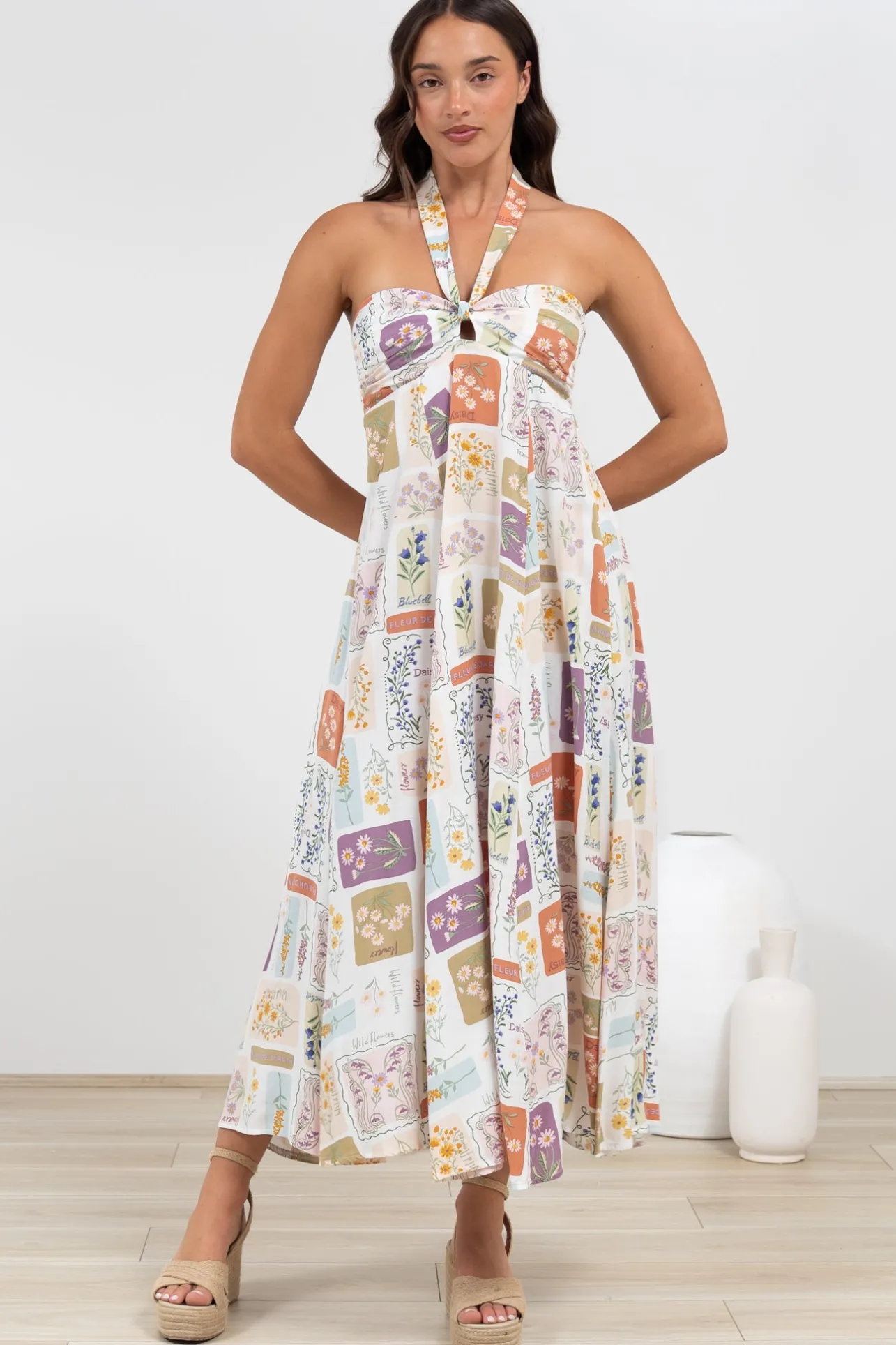 Solie Midi Dress - Halter Neck Dress with Elasticated Back in Reina Print>Salty Crush Online