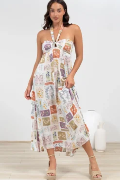 Solie Midi Dress - Halter Neck Dress with Elasticated Back in Reina Print><noscript><img width=