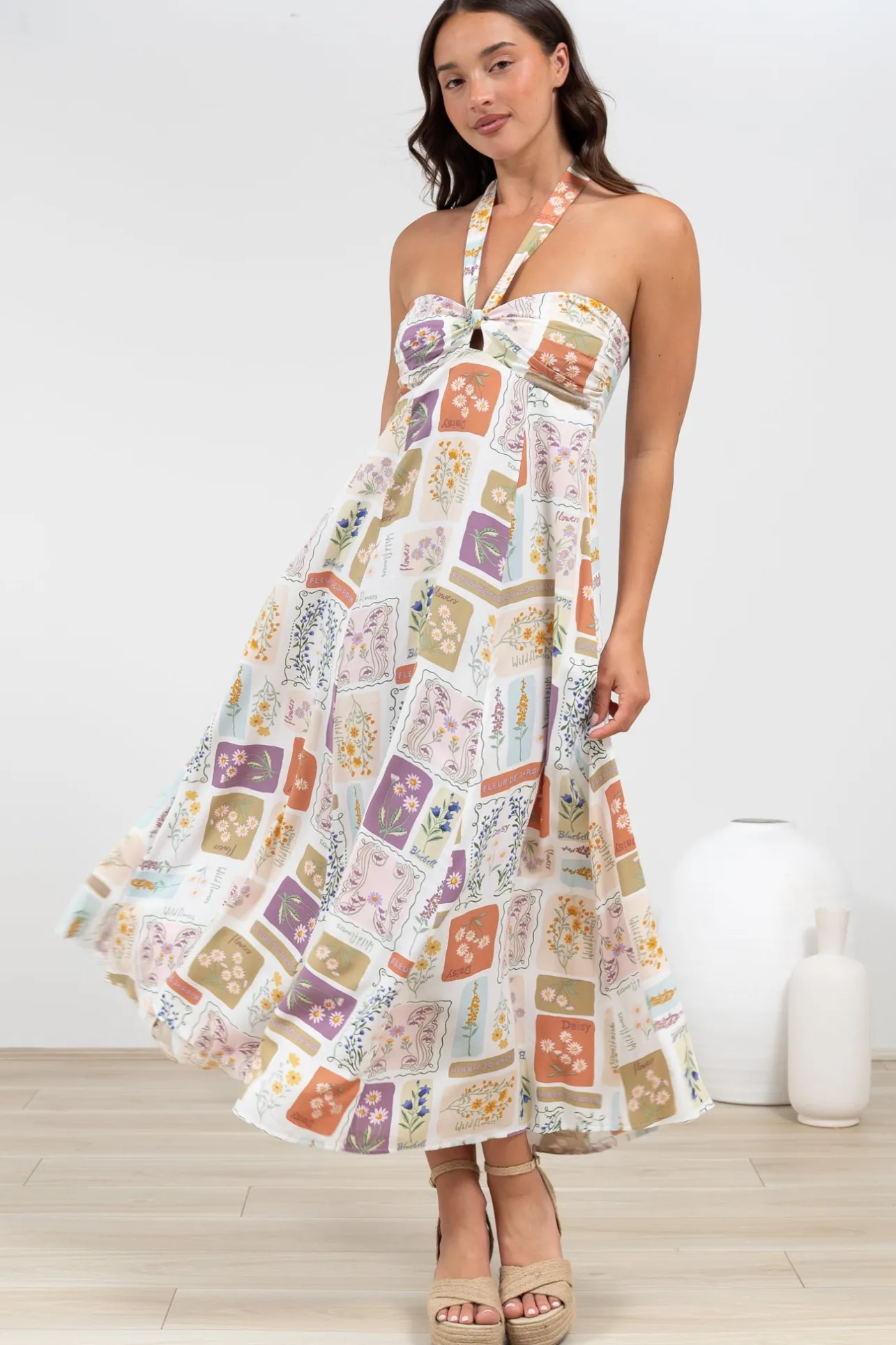 Solie Midi Dress - Halter Neck Dress with Elasticated Back in Reina Print>Salty Crush Online