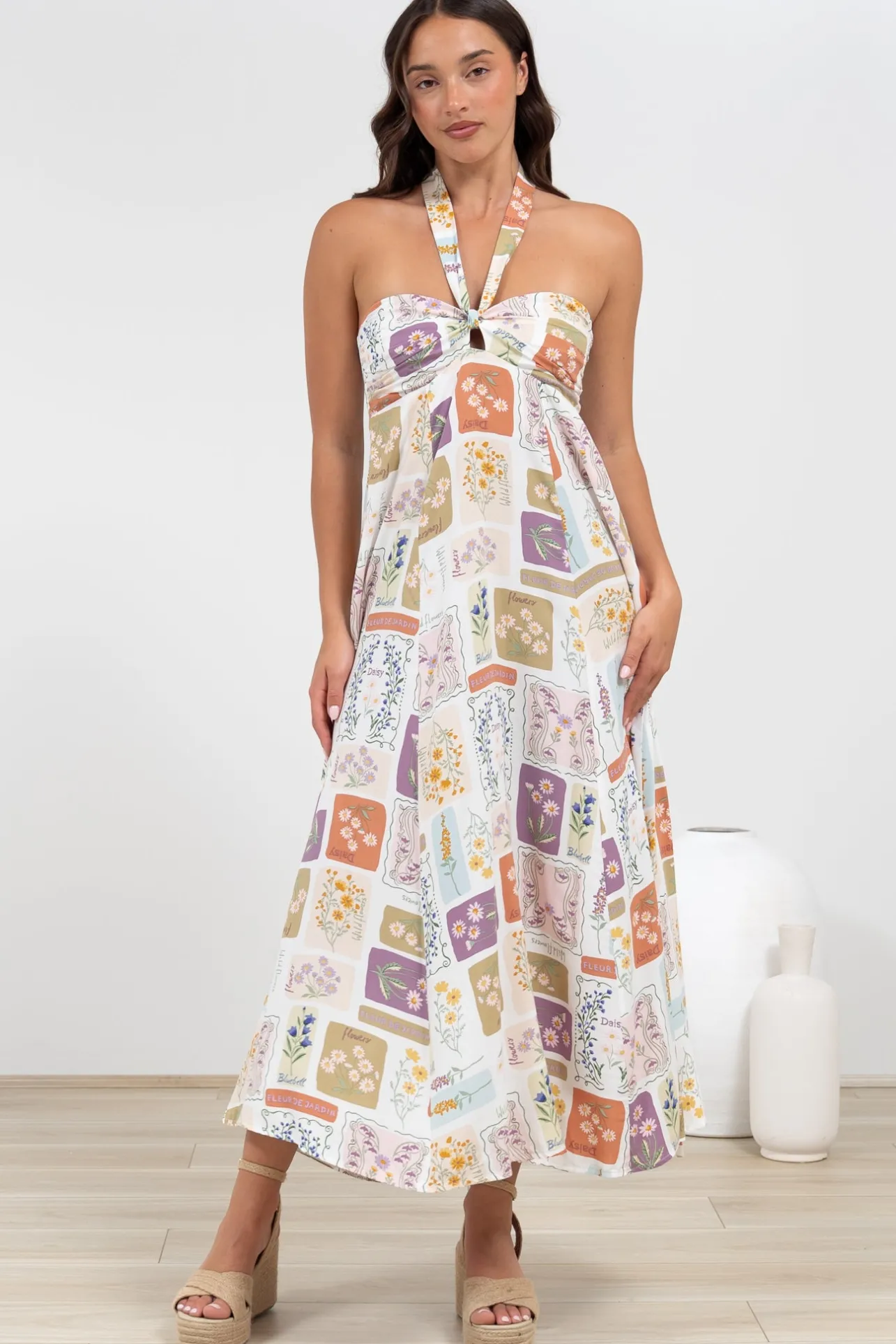 Solie Midi Dress - Halter Neck Dress with Elasticated Back in Reina Print>Salty Crush Online