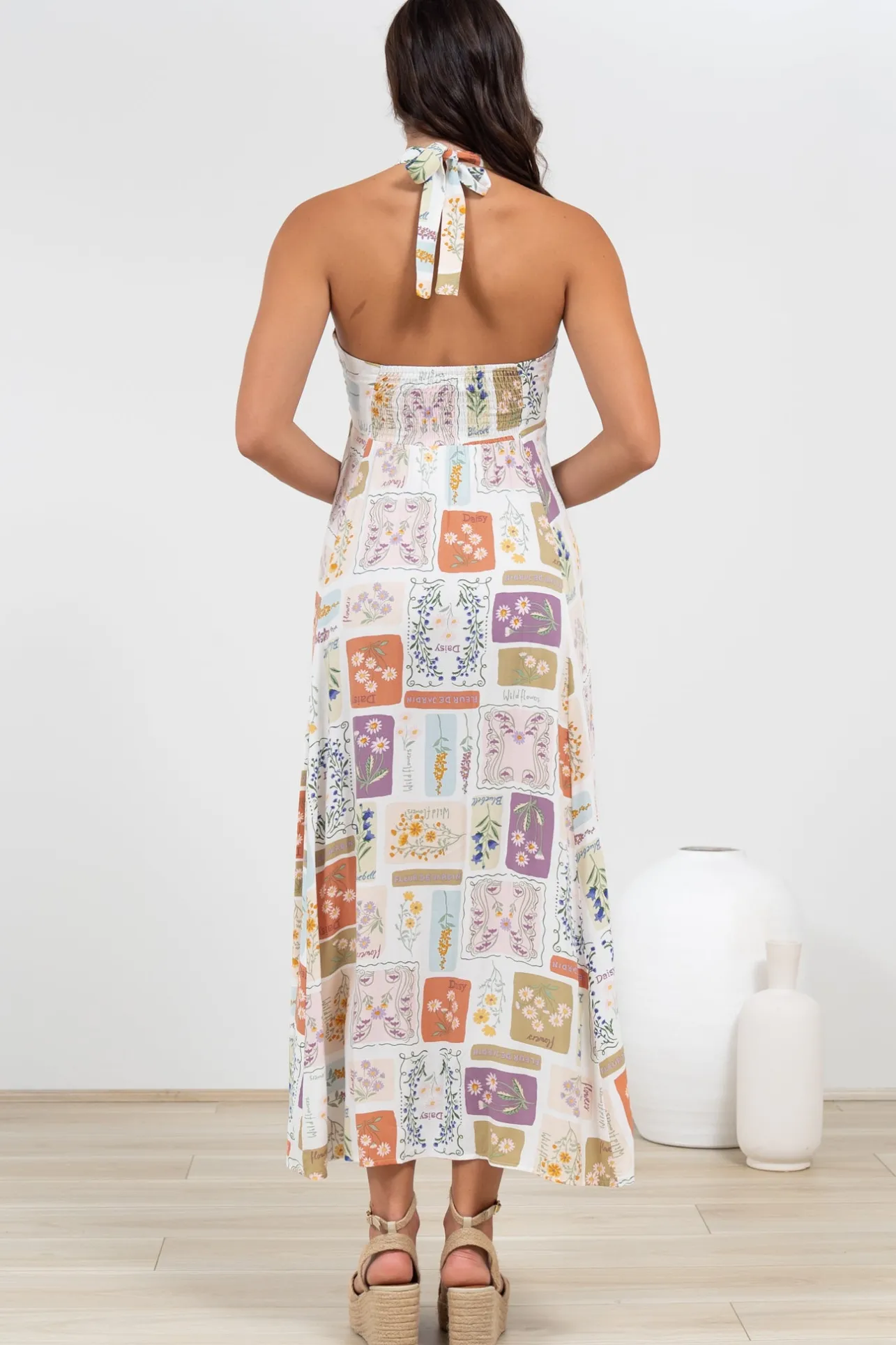 Solie Midi Dress - Halter Neck Dress with Elasticated Back in Reina Print>Salty Crush Online