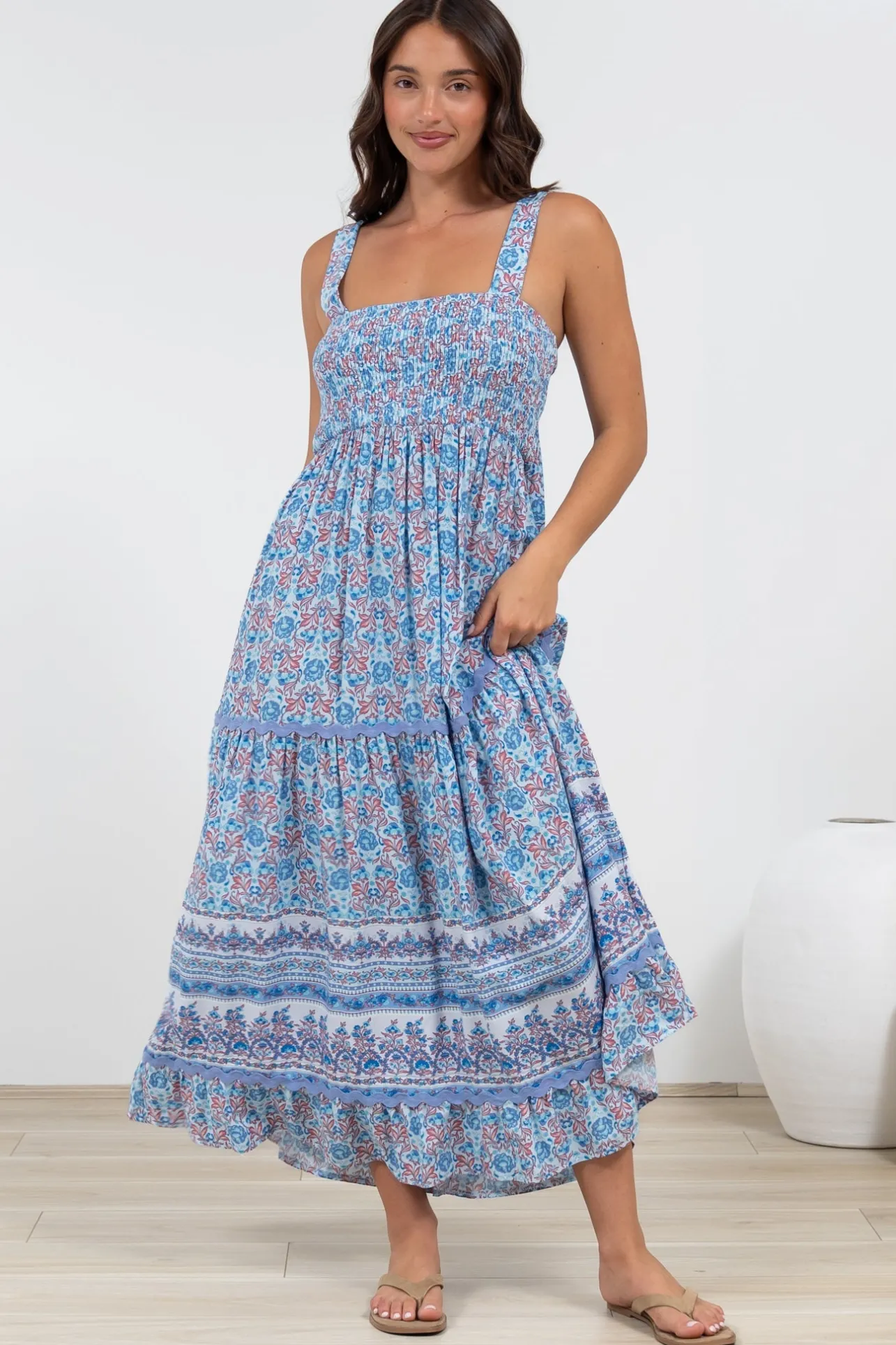 Sophea Midi Dress - Adjustable Strap Tiered Ric Rac Spliced Sun Dress in Iolana Print>Salty Crush Discount
