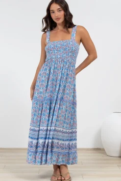 Sophea Midi Dress - Adjustable Strap Tiered Ric Rac Spliced Sun Dress in Iolana Print>Salty Crush Discount