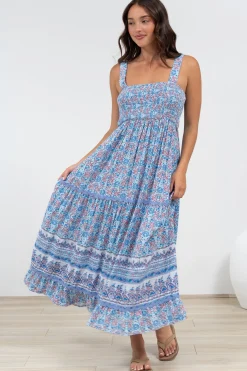 Sophea Midi Dress - Adjustable Strap Tiered Ric Rac Spliced Sun Dress in Iolana Print><noscript><img width=