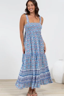 Sophea Midi Dress - Adjustable Strap Tiered Ric Rac Spliced Sun Dress in Iolana Print><noscript><img width=
