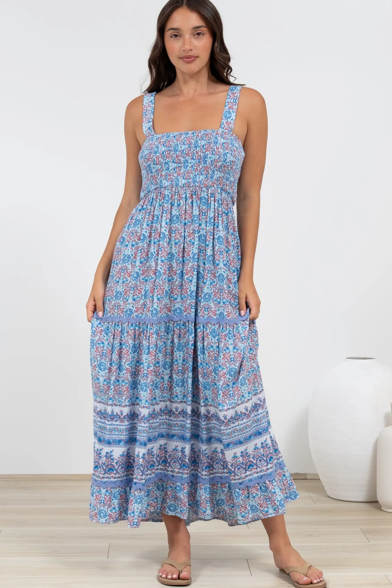 Sophea Midi Dress - Adjustable Strap Tiered Ric Rac Spliced Sun Dress in Iolana Print>Salty Crush Discount