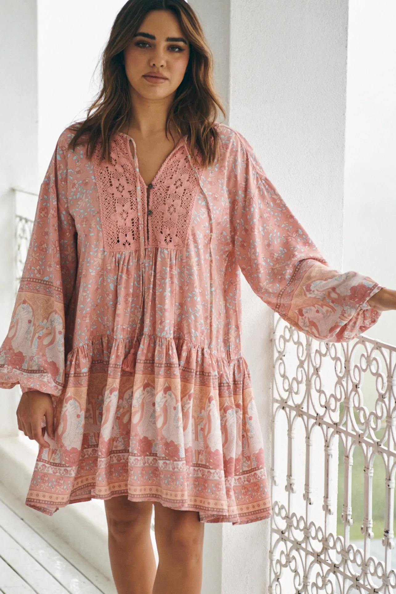 Sparrow Mini Dress - Lace Neckline Balloon Sleeve Smock Dress in Swan Lake Print>Jaase Sale