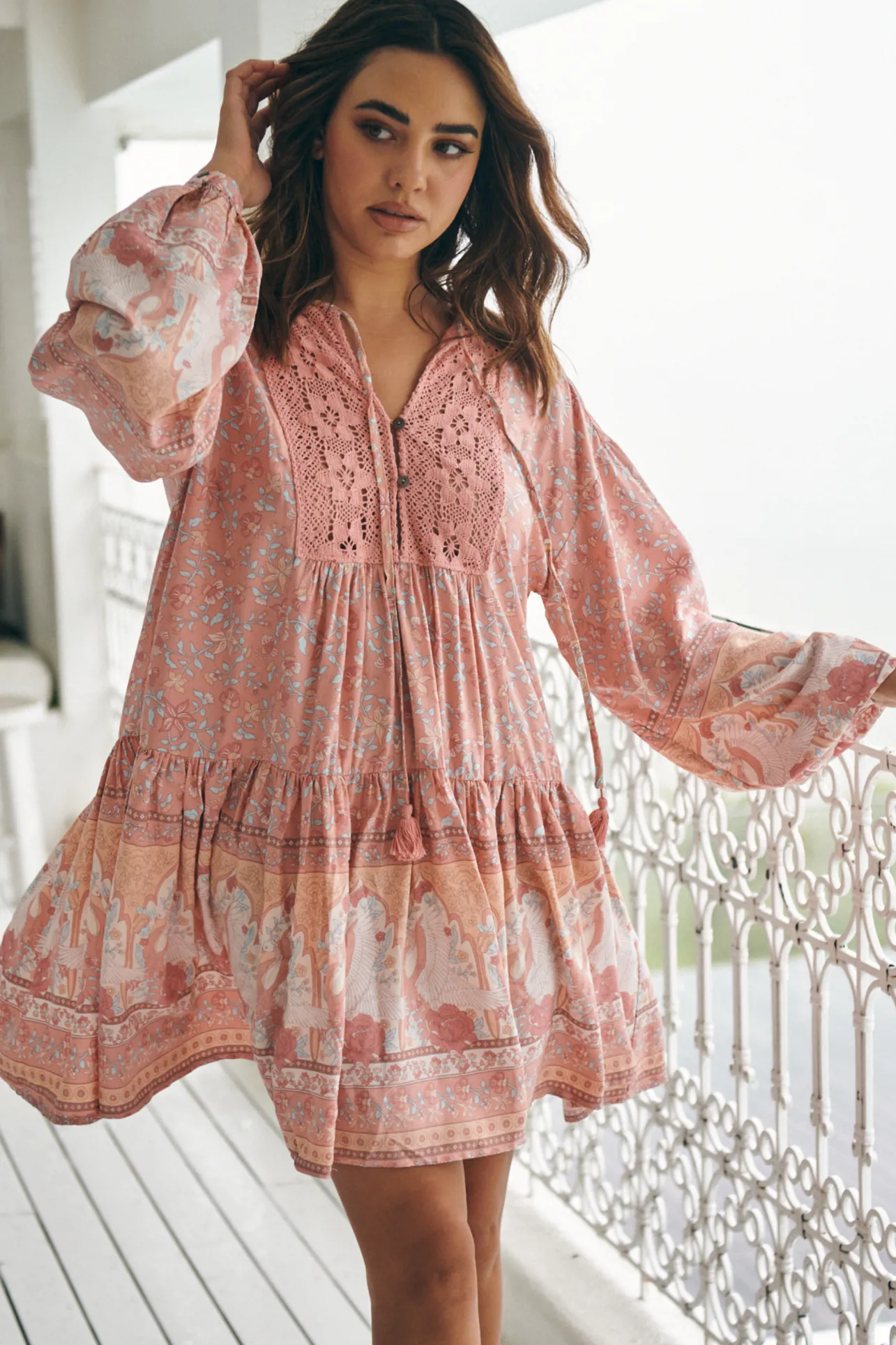 Sparrow Mini Dress - Lace Neckline Balloon Sleeve Smock Dress in Swan Lake Print>Jaase Sale