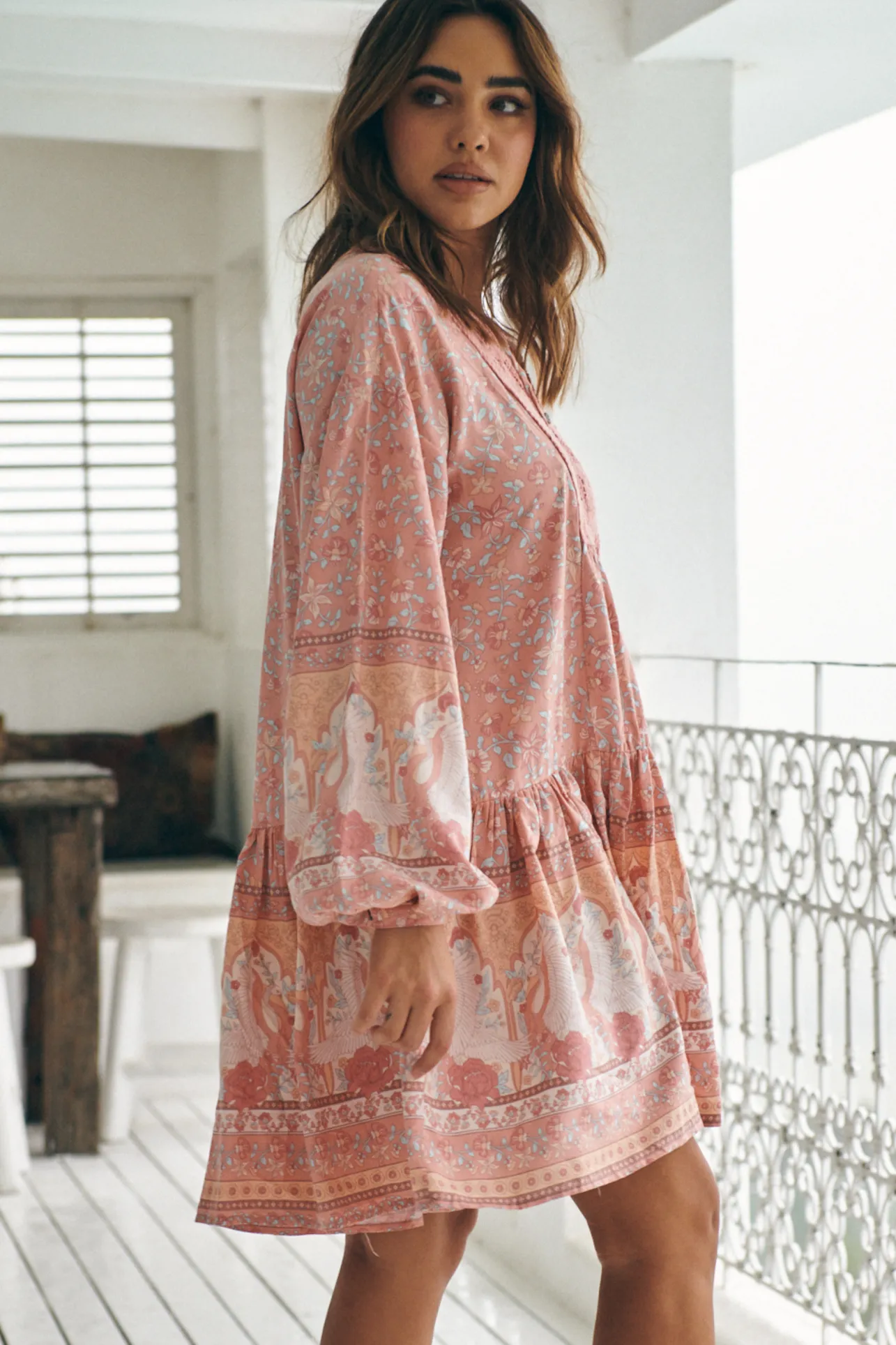 Sparrow Mini Dress - Lace Neckline Balloon Sleeve Smock Dress in Swan Lake Print>Jaase Sale
