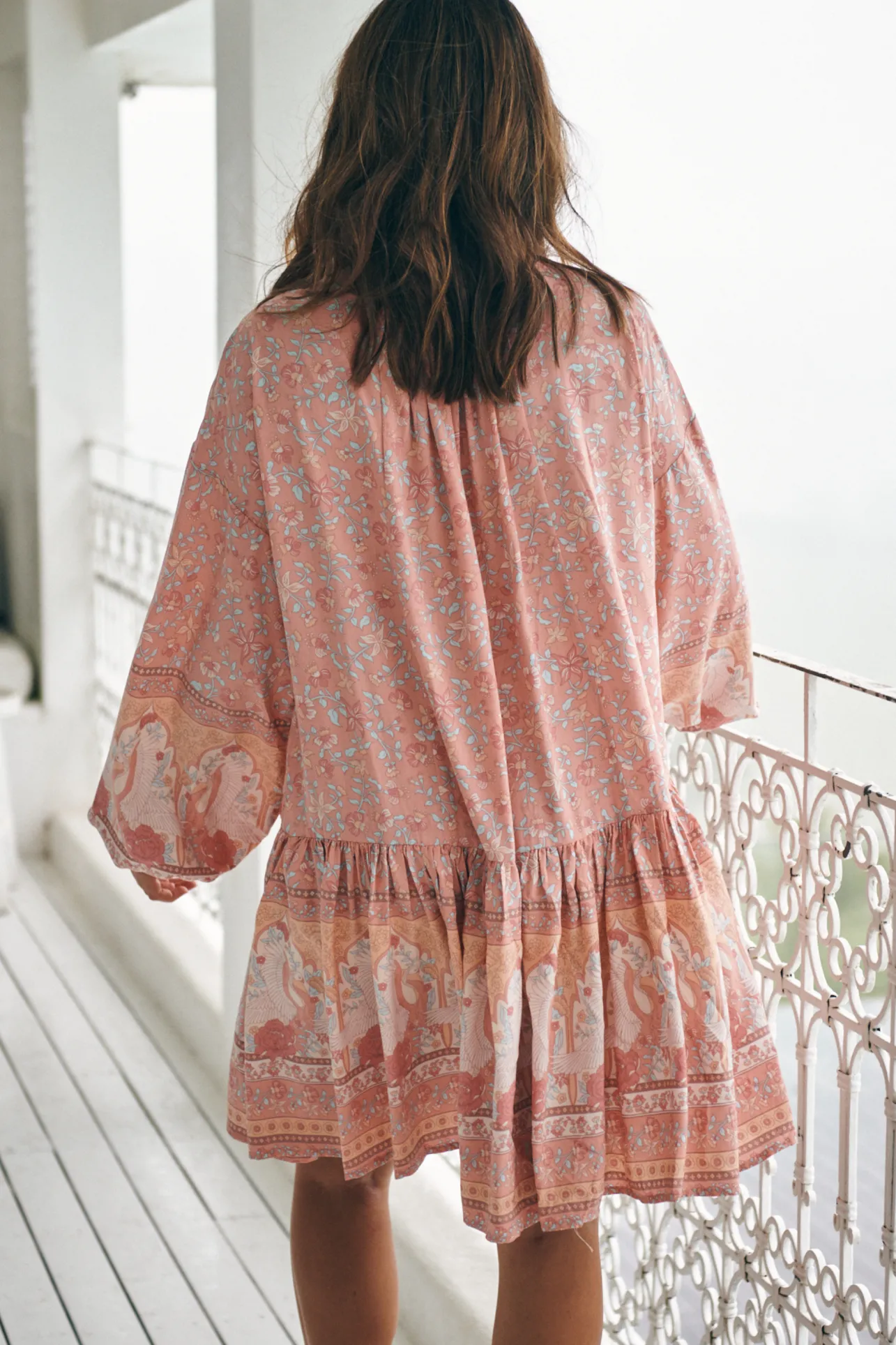 Sparrow Mini Dress - Lace Neckline Balloon Sleeve Smock Dress in Swan Lake Print>Jaase Sale