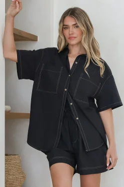 Steele Shirt - Collared Button Down Shirt with Contrast Stitching in Black>Salty Crush Outlet
