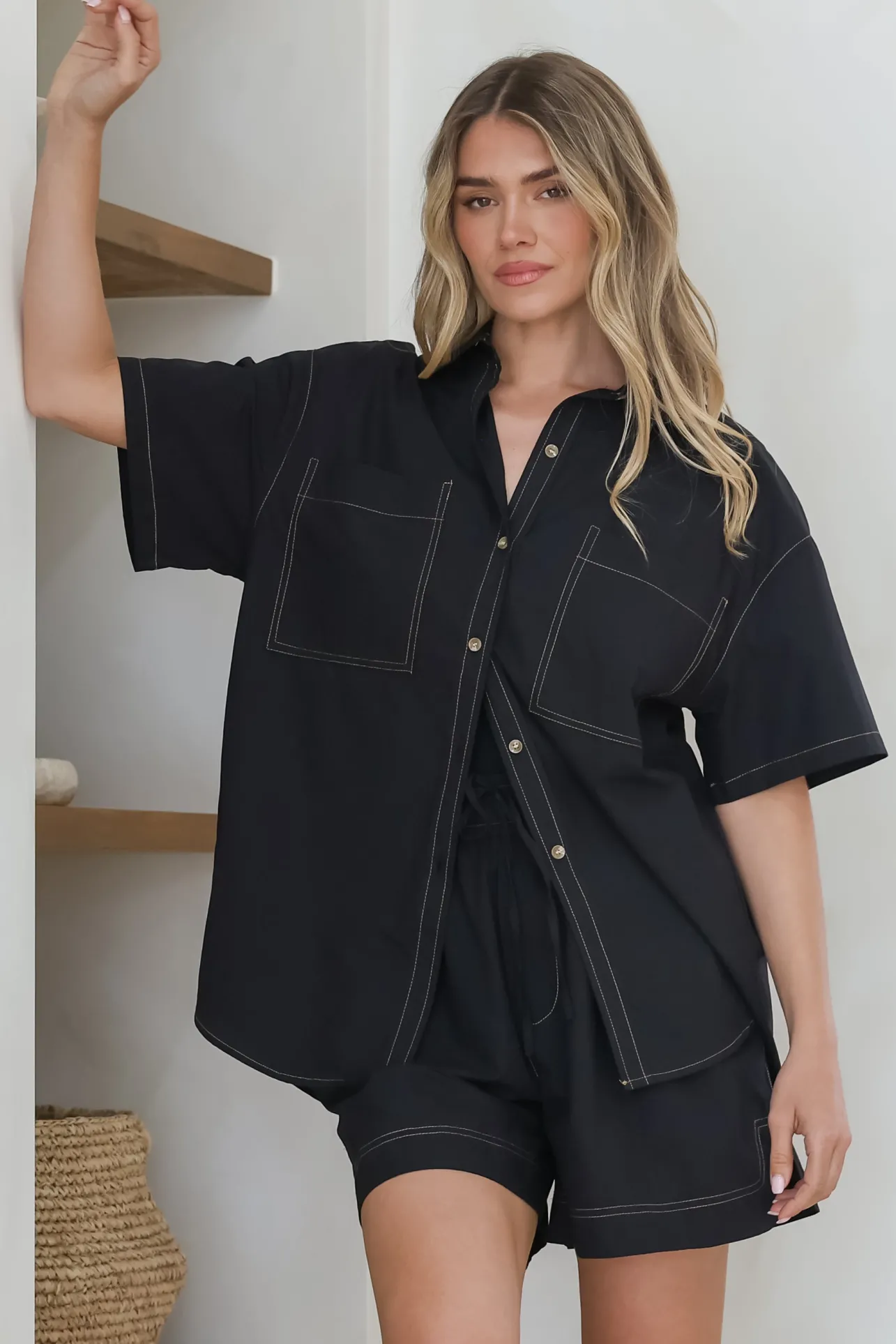 Steele Shirt - Collared Button Down Shirt with Contrast Stitching in Black>Salty Crush Outlet
