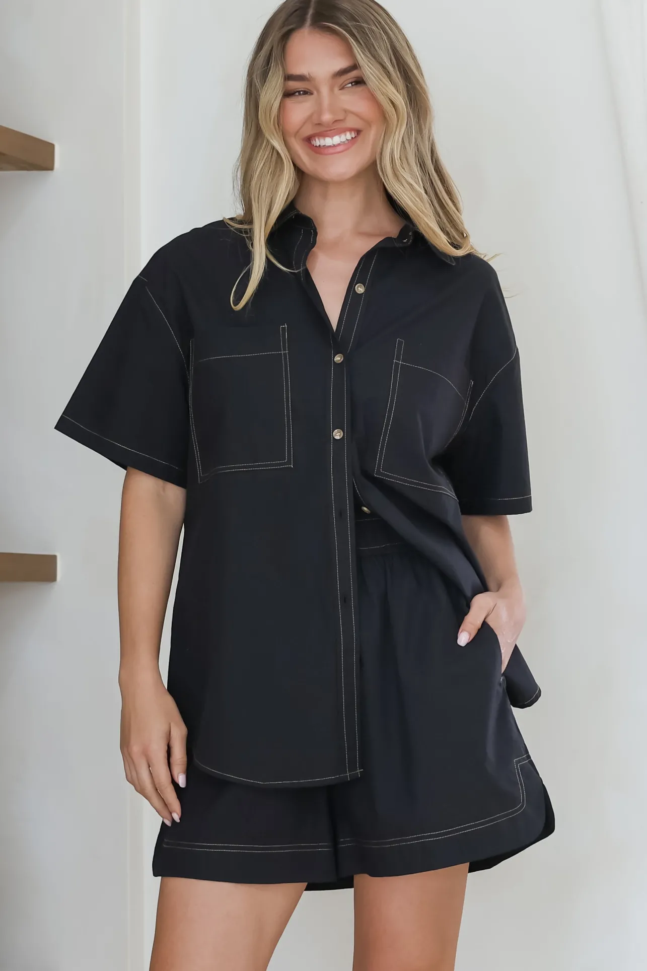 Steele Shirt - Collared Button Down Shirt with Contrast Stitching in Black>Salty Crush Outlet
