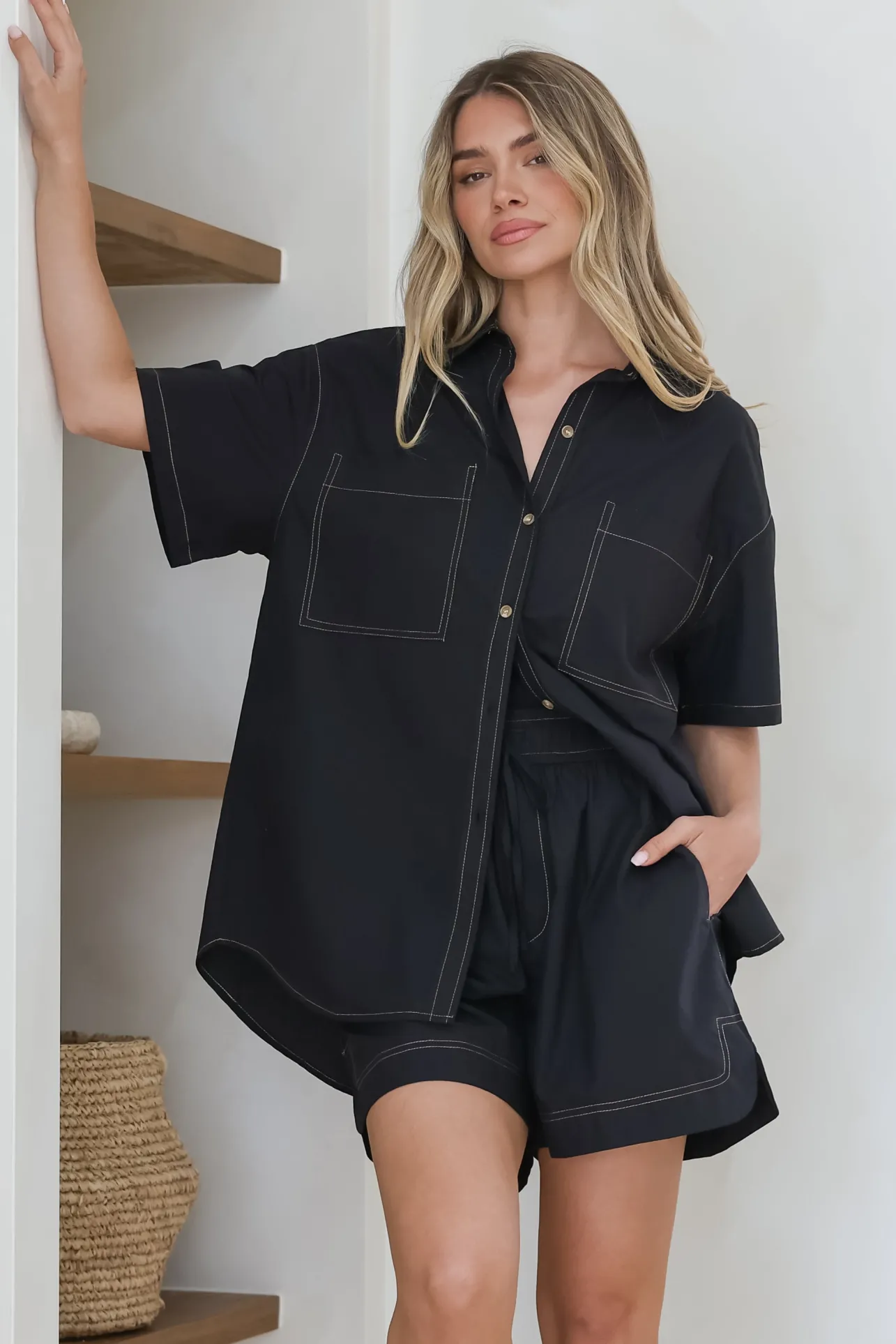Steele Shirt - Collared Button Down Shirt with Contrast Stitching in Black>Salty Crush Outlet