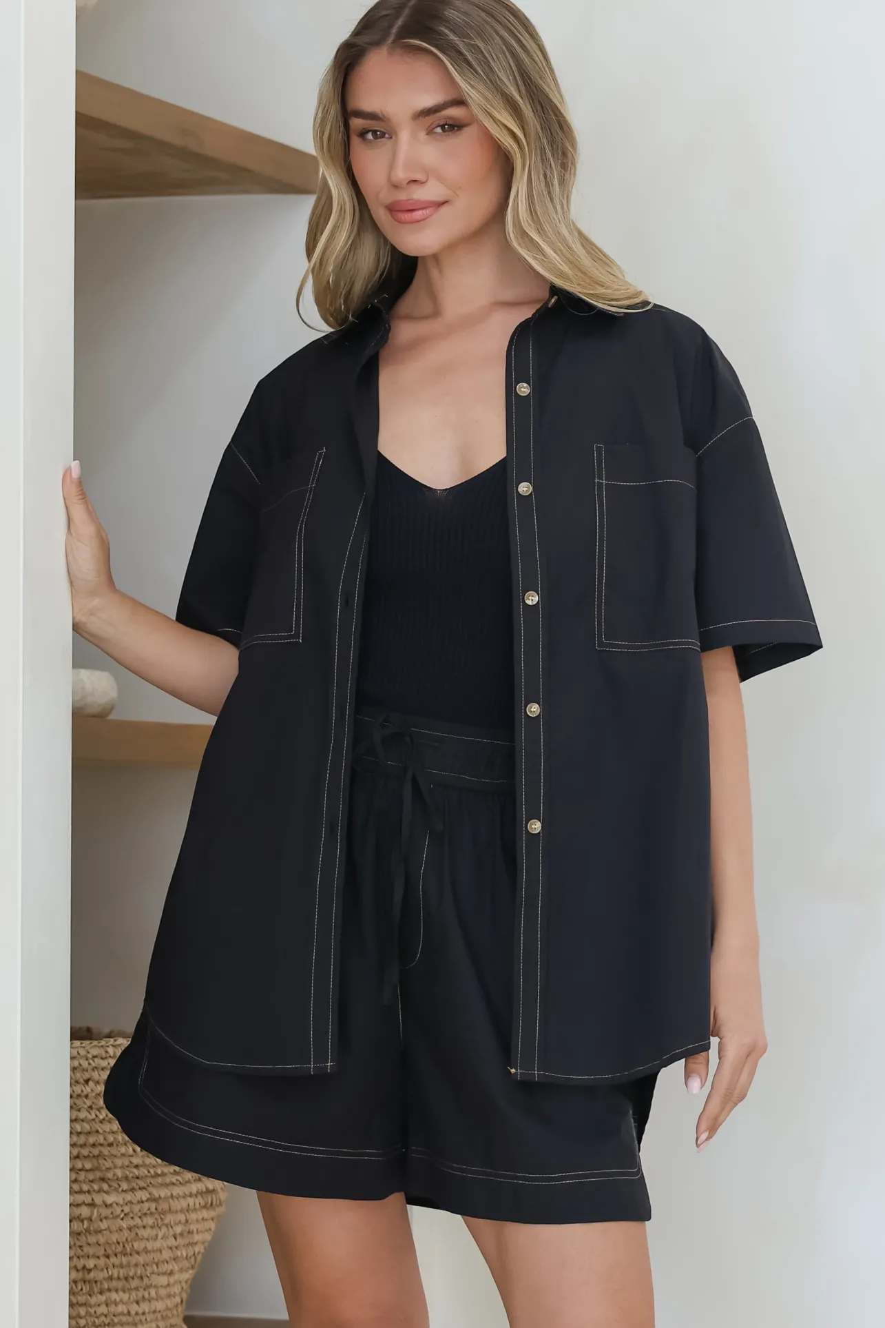 Steele Shirt - Collared Button Down Shirt with Contrast Stitching in Black>Salty Crush Outlet