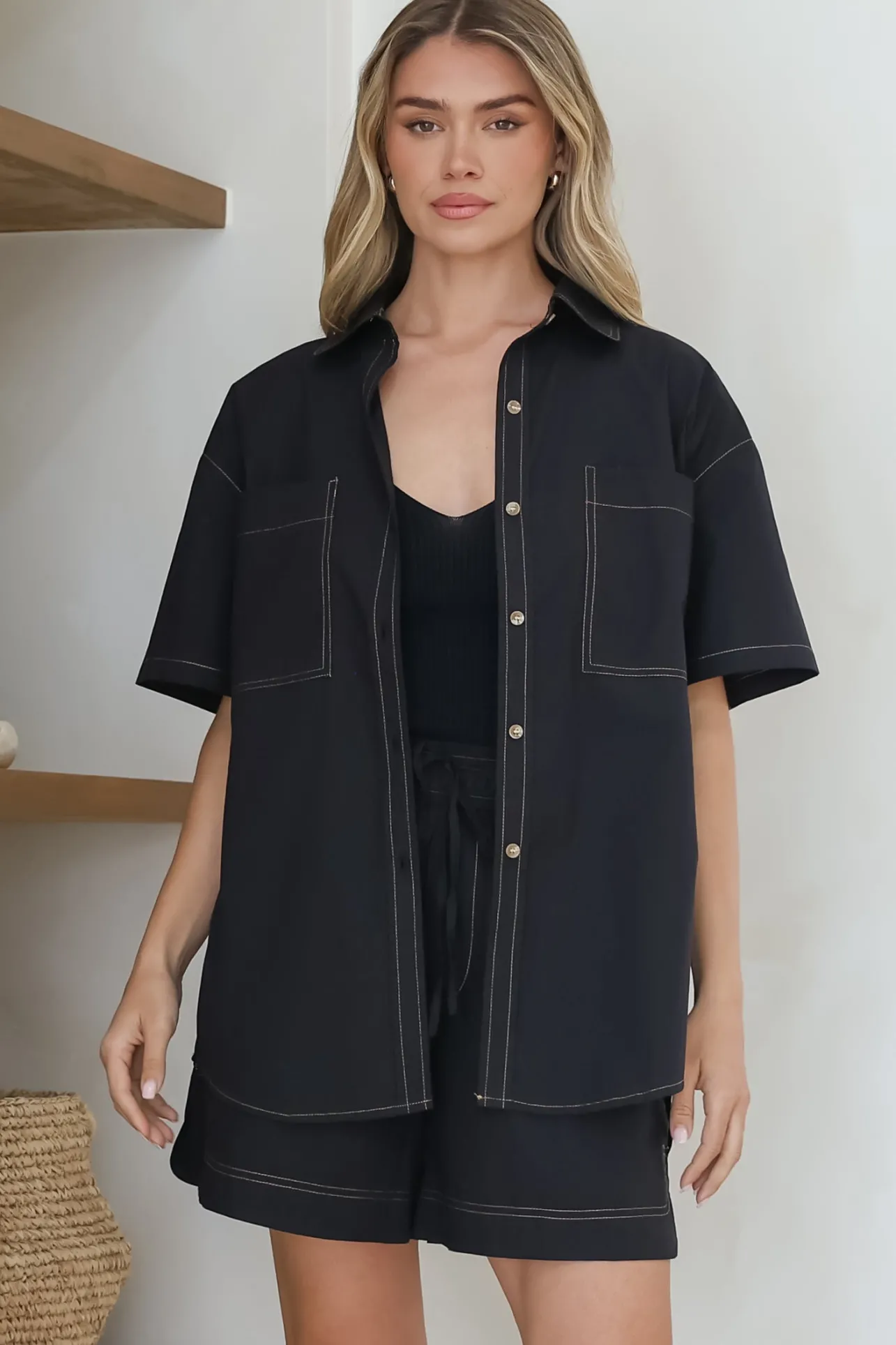 Steele Shirt - Collared Button Down Shirt with Contrast Stitching in Black>Salty Crush Outlet