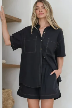 Steele Shirt - Collared Button Down Shirt with Contrast Stitching in Black><noscript><img width=