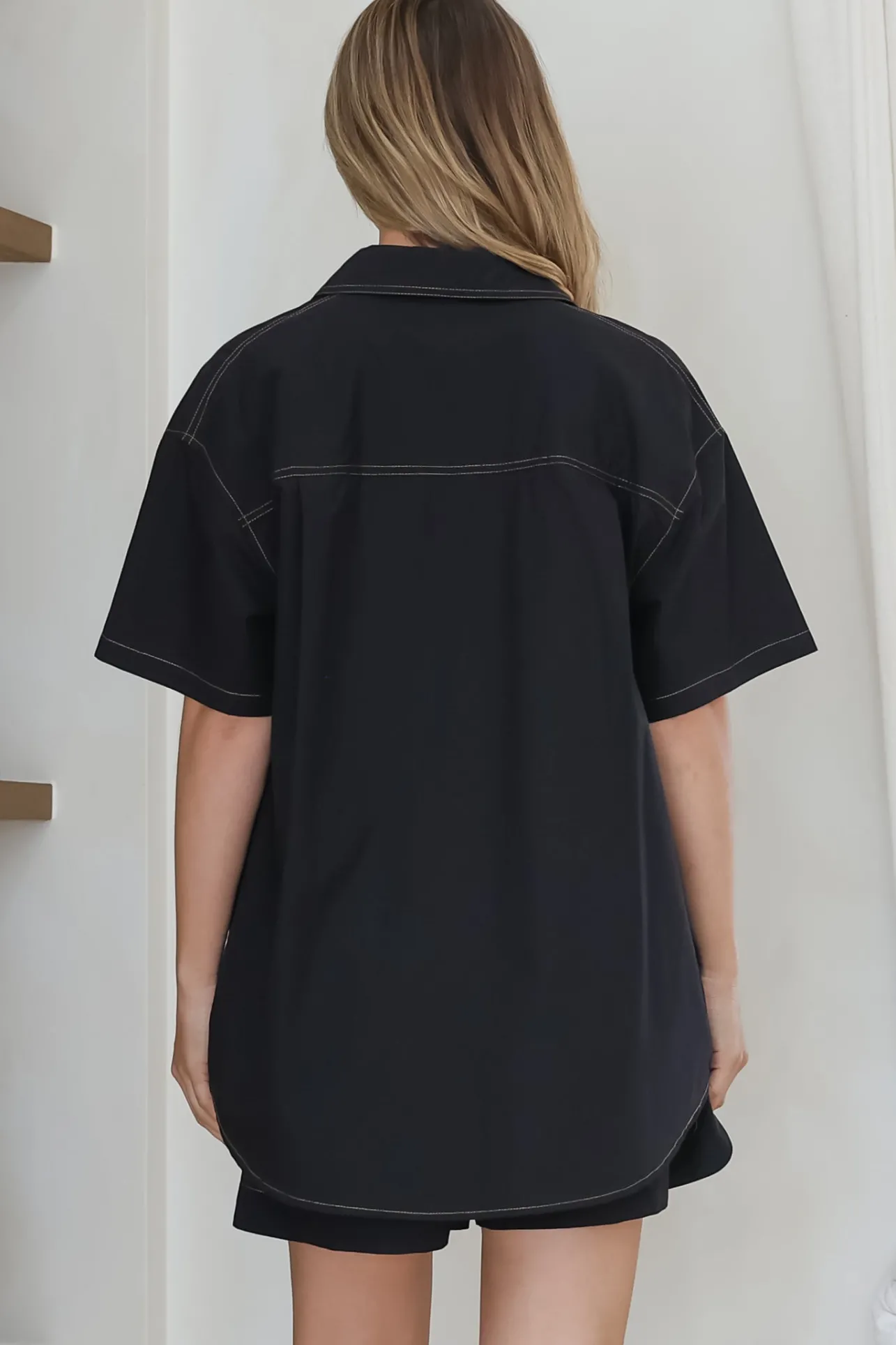 Steele Shirt - Collared Button Down Shirt with Contrast Stitching in Black>Salty Crush Outlet