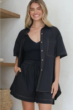 Steele Shorts - Elasticated High Waist Contrast Stitched Shorts in Black>Salty Crush