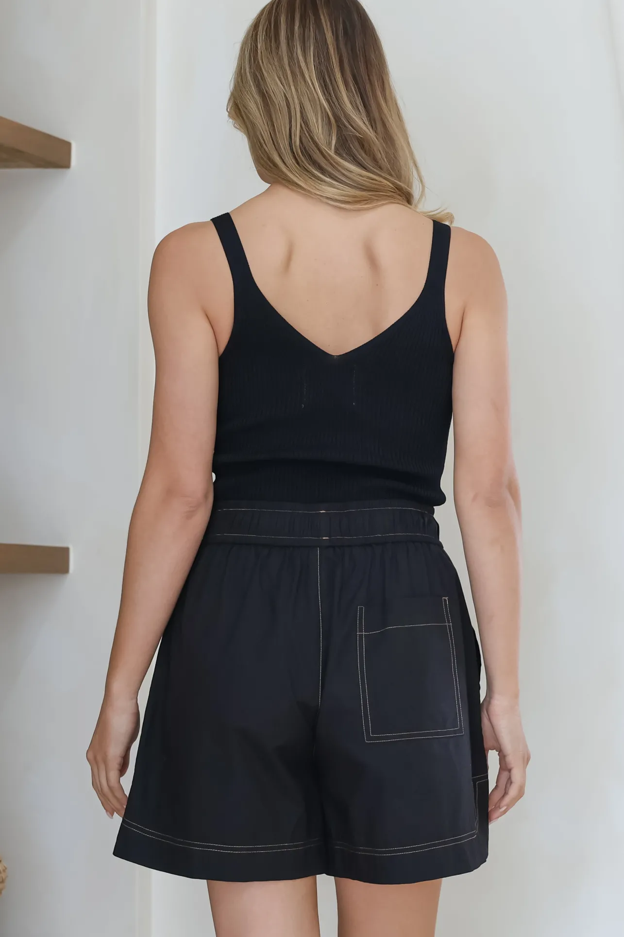 Steele Shorts - Elasticated High Waist Contrast Stitched Shorts in Black>Salty Crush