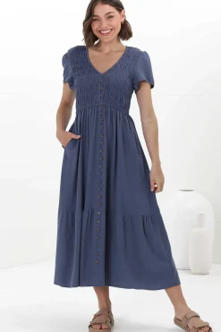 Stephan Midi Dress - Cap Sleeve Tortoiseshell Button-Down Tiered Dress in Navy>Salty Crush
