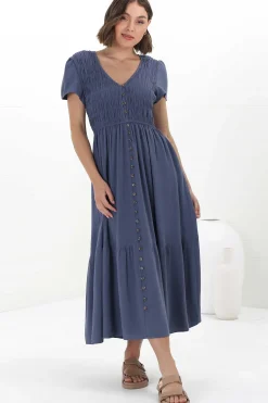 Stephan Midi Dress - Cap Sleeve Tortoiseshell Button-Down Tiered Dress in Navy><noscript><img width=