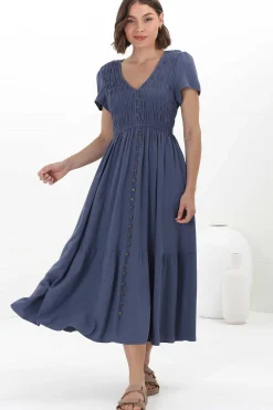 Stephan Midi Dress - Cap Sleeve Tortoiseshell Button-Down Tiered Dress in Navy><noscript><img width=