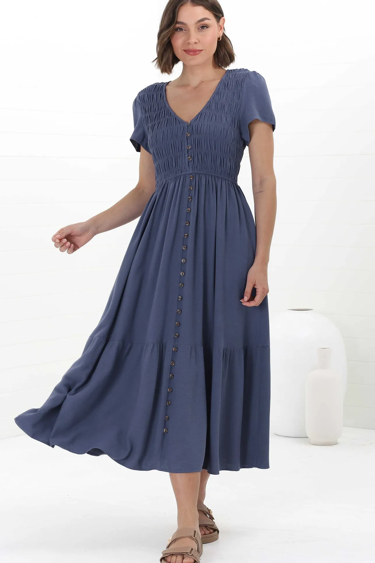 Stephan Midi Dress - Cap Sleeve Tortoiseshell Button-Down Tiered Dress in Navy>Salty Crush