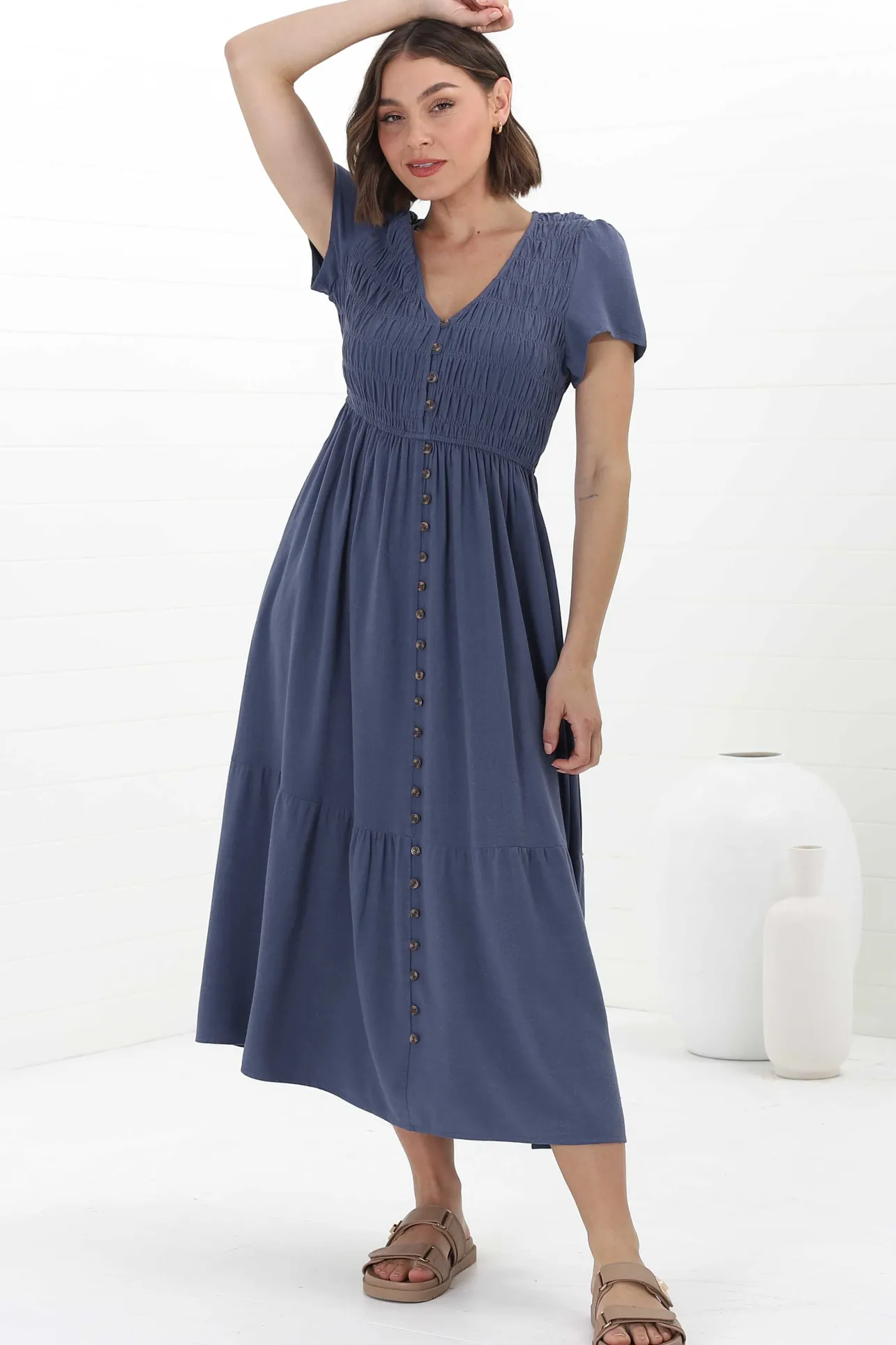 Stephan Midi Dress - Cap Sleeve Tortoiseshell Button-Down Tiered Dress in Navy>Salty Crush