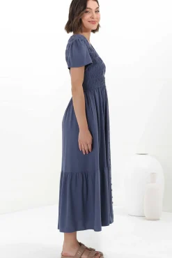 Stephan Midi Dress - Cap Sleeve Tortoiseshell Button-Down Tiered Dress in Navy><noscript><img width=