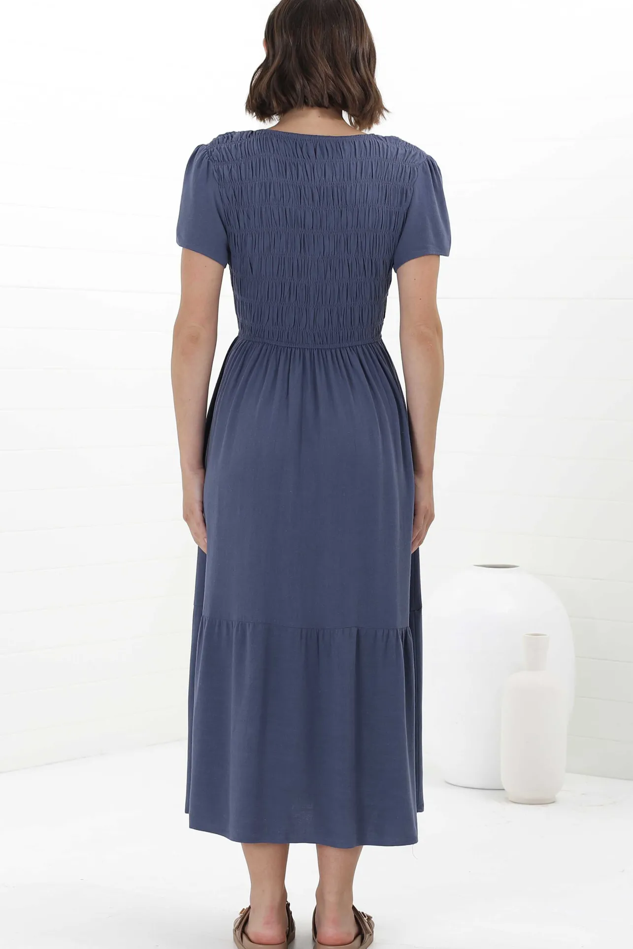 Stephan Midi Dress - Cap Sleeve Tortoiseshell Button-Down Tiered Dress in Navy>Salty Crush